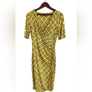 Ralph Lauren Yellow & Black Geometric Ruched Midi Dress Size 4